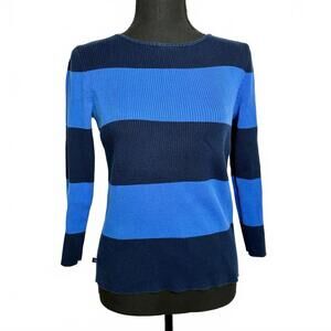 Vintage Lauren Ralph Lauren Women’s Sweater M Blue Navy Striped Ribbed Cotton